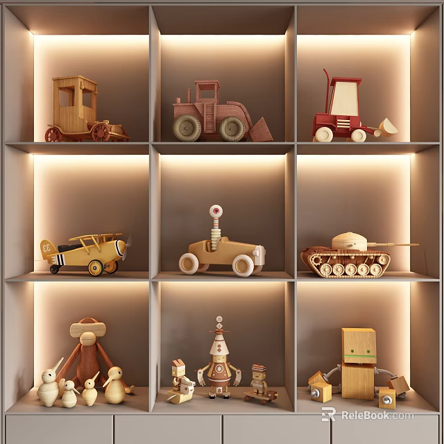 Wooden Building Blocks Kids Toy Collection With Cars Animals Houses On Lit Shelf 3d model 