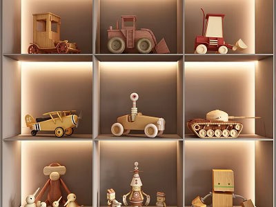Wooden Building Blocks Kids Toy Collection With Cars Animals Houses On Lit Shelf 3d model