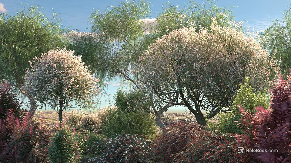 Sunlit Arbor Trees With Flowing Branches And Pink Blossoms In Natural Landscape 3d model 