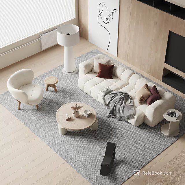 Modern Beige Sofa And Coffee Table Set With Pillows Blanket Side Table And Rug 3d model