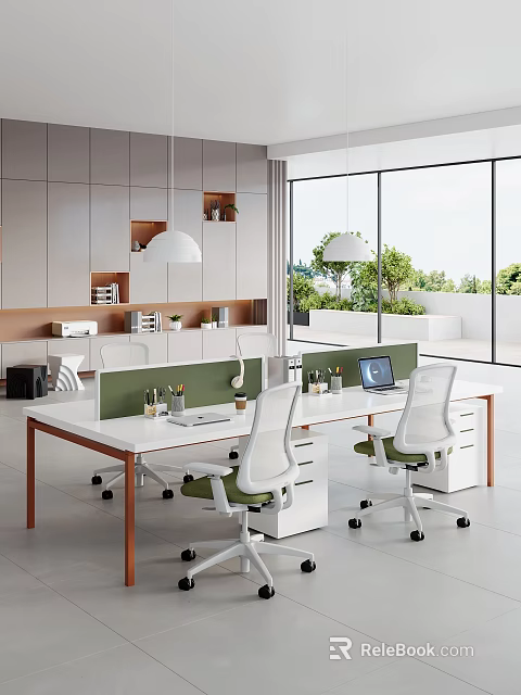 Modern Open Office with Long Desk Green Partitions Office Chairs Laptop Large Windows Outdoor Greenery 3d model 