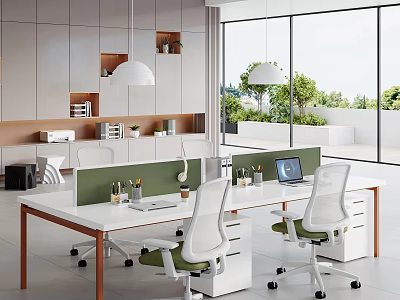 Modern Open Office with Long Desk Green Partitions Office Chairs Laptop Large Windows Outdoor Greenery 3d model