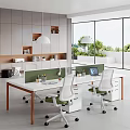 Modern Open Office with Long Desk Green Partitions Office Chairs Laptop Large Windows Outdoor Greenery