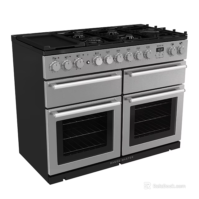 Stainless Steel Kitchen Appliance With Gas Stove Double Ovens And Knobs Controls 3d model 