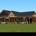 Wooden Single Family House With Gray Roof Porch Green Umbrella And Outdoor Dining Set