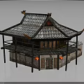 Traditional Chinese Architecture with Tiled Roof Overhanging Eaves Red Lanterns Wooden Structure and Stone Walls