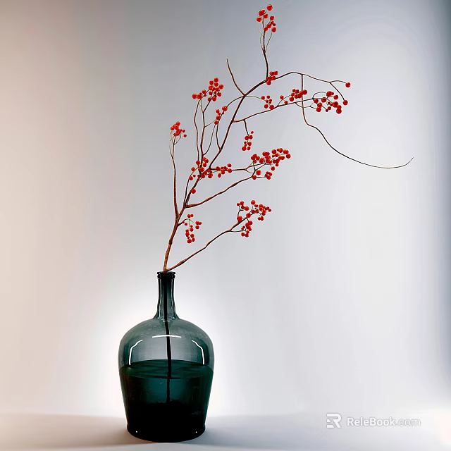 Green Glass Vase With Red Berries Branches On Light Colored Background 3d model