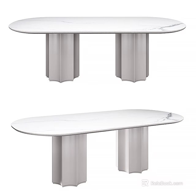 Modern Oval White Dining Table With Marble Top And Column Legs Design 3d model