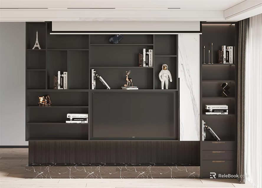 Modern TV Wall Unit Design With Storage Shelves And Decorative Items 3d model 