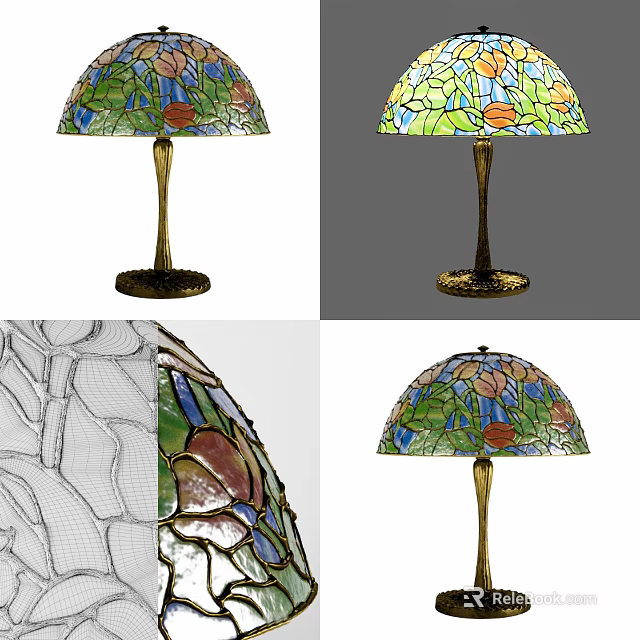Stained Glass Table Lamp With Colorful Floral Pattern And Golden Base 3d model 