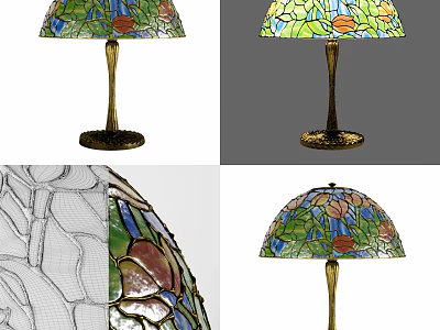 Stained Glass Table Lamp With Colorful Floral Pattern And Golden Base 3d model
