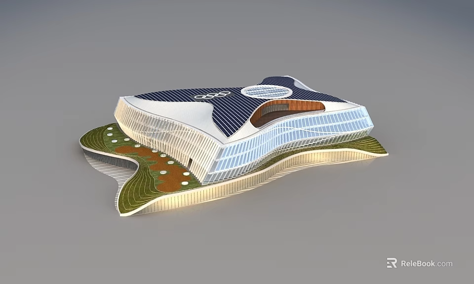 Modern Landmark Building With Unique Star Shaped Roof Solar Panels And Green Surroundings 3d model 