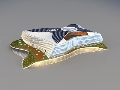 Modern Landmark Building With Unique Star Shaped Roof Solar Panels And Green Surroundings 3d model