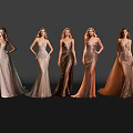Five Women In Shiny Long Gowns With Golden Brown Hues Standing Against Black Background