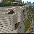 Modern Commercial Complex With Wavy White Facade Rooftop Greenery Urban Outdoor Areas And Evening Lighting