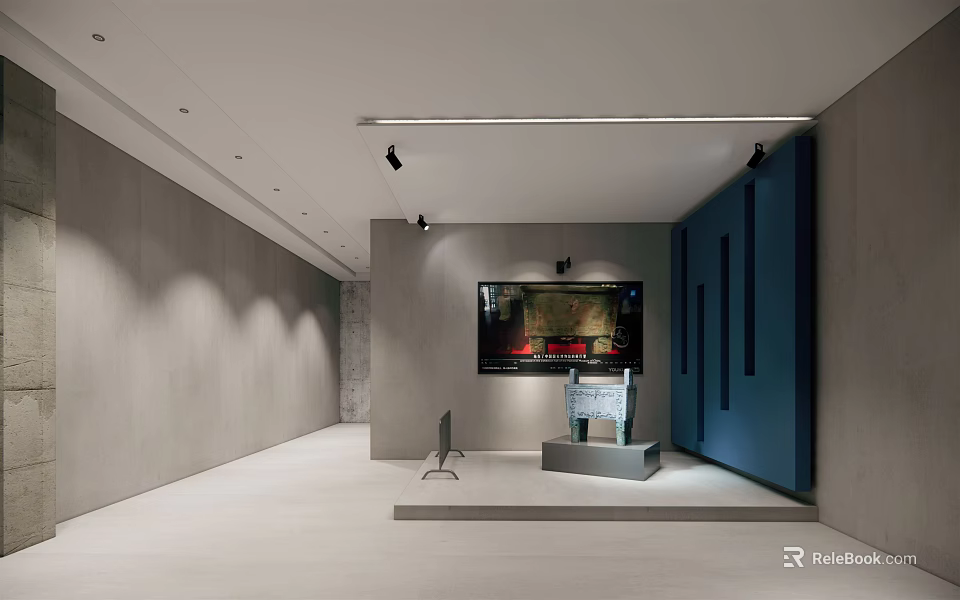 Modern Exhibition Hall Interior Featuring Display Platform Digital Screen And Lighting 3d model 