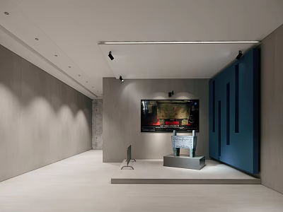 Modern Exhibition Hall Interior Featuring Display Platform Digital Screen And Lighting 3d model