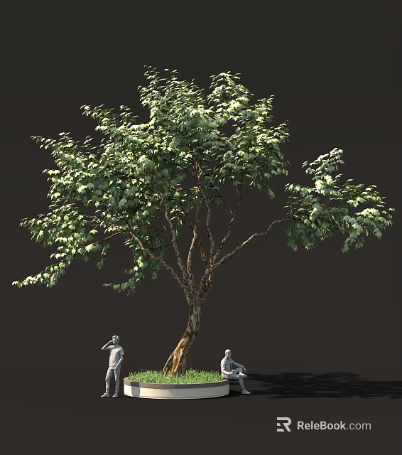 Large Tree With Curved Trunk Lush Foliage And Two Figures Standing Sitting On Dark Background 3d model 