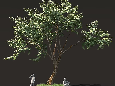 Large Tree With Curved Trunk Lush Foliage And Two Figures Standing Sitting On Dark Background 3d model