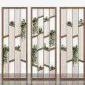 Modern Wooden Room Dividers With Geometric Design And Green Plants On Shelves