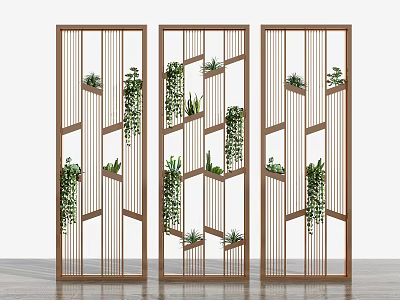 Modern Wooden Room Dividers With Geometric Design And Green Plants On Shelves 3d model