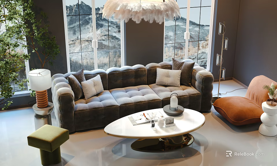 Plush Gray Tufted Sofa and Oval White Marble Coffee Table Set with Feather Chandelier 3d model 