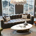 Plush Gray Tufted Sofa and Oval White Marble Coffee Table Set with Feather Chandelier