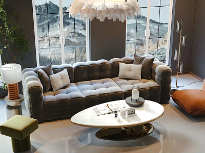 Plush Gray Tufted Sofa and Oval White Marble Coffee Table Set with Feather Chandelier 3d model