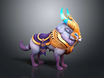 Mythical Egyptian Style Fantasy Beast With Purple Body Golden Armor Blue Glowing Horns And Saddle 3d model