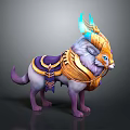 Mythical Egyptian Style Fantasy Beast With Purple Body Golden Armor Blue Glowing Horns And Saddle