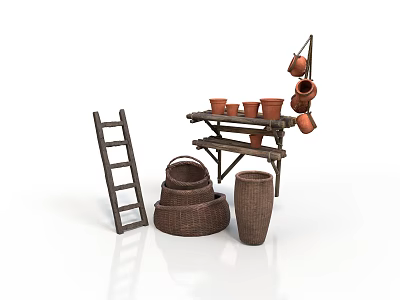 Rustic Household Supplies With Wooden Ladder Shelf Clay Pots And Wicker Baskets 3d model
