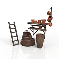 Rustic Household Supplies With Wooden Ladder Shelf Clay Pots And Wicker Baskets