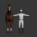 Brown horse with saddle numbered 8 and jockey in white uniform standing with outstretched arms