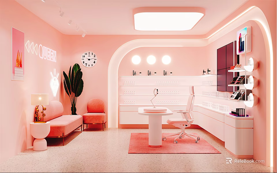 Modern Pink Public Office Space With Sofa Chair Desk Green Plant And Clock 3d model 