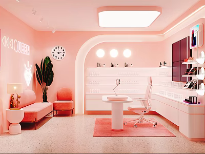 Modern Pink Public Office Space With Sofa Chair Desk Green Plant And Clock 3d model