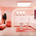 Modern Pink Public Office Space With Sofa Chair Desk Green Plant And Clock