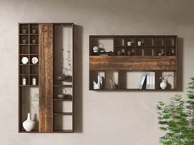 Wooden Antique Display Shelves On Beige Wall With Ceramic Teacups Books White Vase And Green Plant 3d model