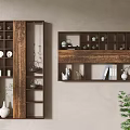 Wooden Antique Display Shelves On Beige Wall With Ceramic Teacups Books White Vase And Green Plant