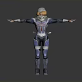 Woman in Blue and White Armor With Helmet Blonde Hair Arms Outstretched Gray Background
