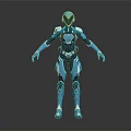 Futuristic Blue And Black Armored Character With Red Accents And Sleek Design