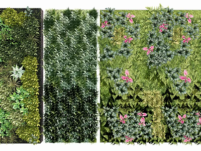 Natural Green Living Wall Designs With Various Foliage And Pink Flower Decorations 3d model