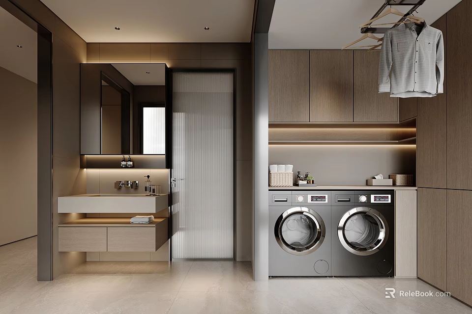 Modern Bathroom Interior Design With Mirror Sink Counter Washing Machines And Cabinets 3d model 