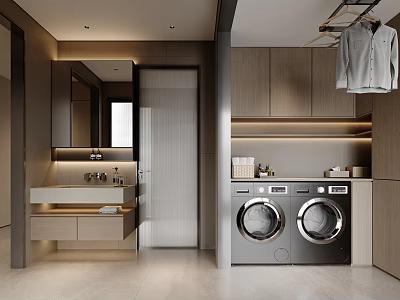 Modern Bathroom Interior Design With Mirror Sink Counter Washing Machines And Cabinets 3d model