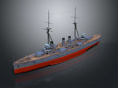 Vintage Warship Water Transport With Two Masts Multiple Funnels And Red Bottom Hull Design 3d model
