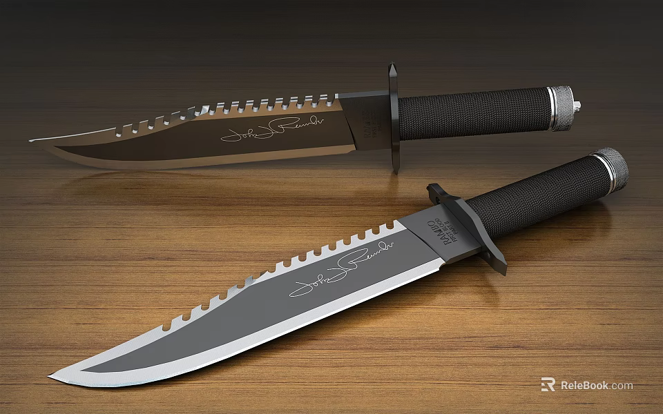 Tactical Combat Knives With Serrated Blades And Black Handles On Wooden Surface 3d model 