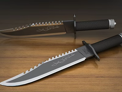 Tactical Combat Knives With Serrated Blades And Black Handles On Wooden Surface 3d model
