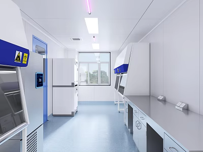 Modern Laboratory Interior With Lab Benches Fume Hoods And Blue Flooring 3d model