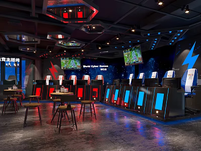 Modern Gaming Internet Cafe Interior With LED Lighting And Multiple Gaming PCs And Screens 3d model