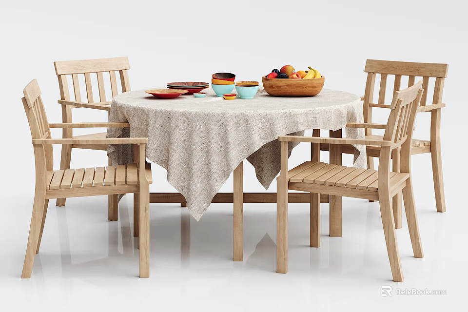 Natural Wooden Dining Table Set With Four Chairs Round Tablecloth And Fruits 3d model 
