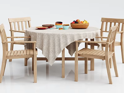 Natural Wooden Dining Table Set With Four Chairs Round Tablecloth And Fruits 3d model